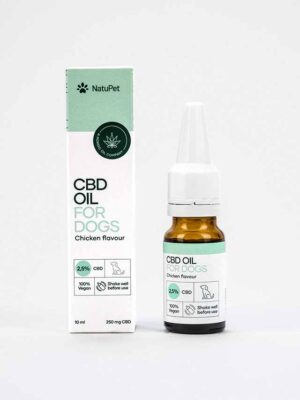 CBD olie til hunde med aroma fra kylling pakke og flaske